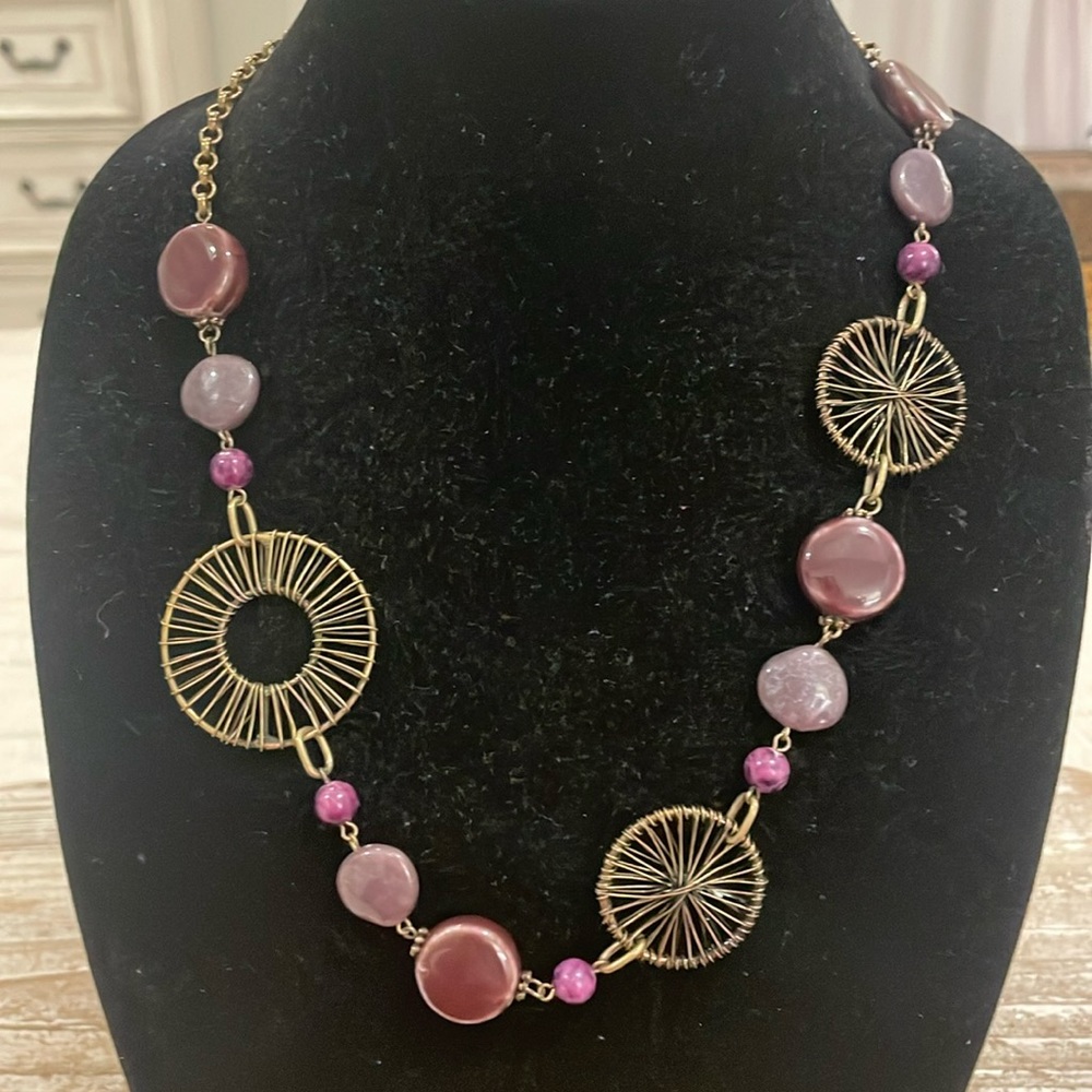 Vintage Gold Tone Purple Beaded Pendant Statement Necklace